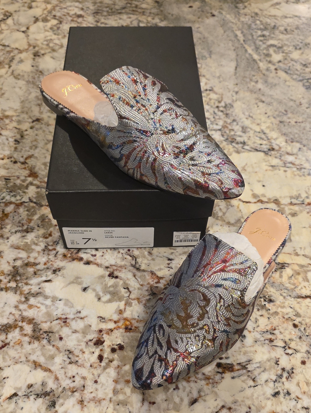 J Crew Matina Slide In Silver Jacquard.